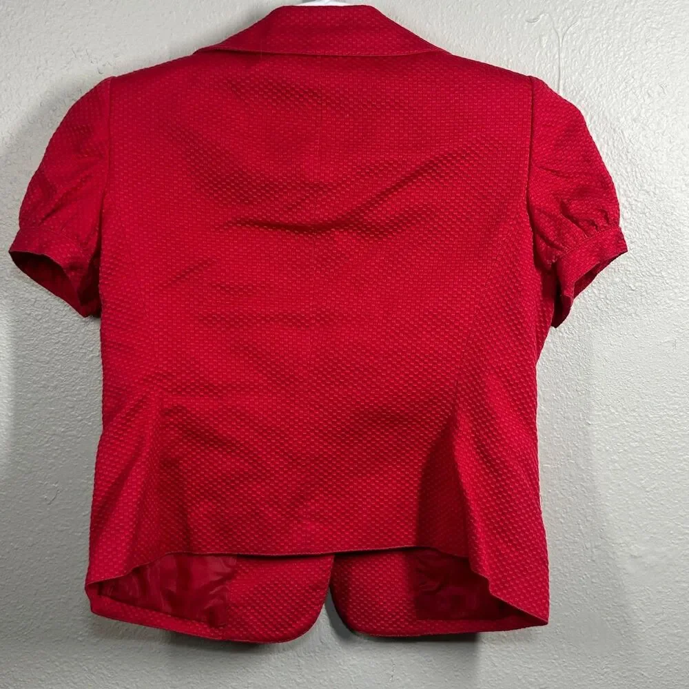 Le Suit Skirt Set Womens Petite 6P Red Textured Button Puff Sleeve Jacket Skirt